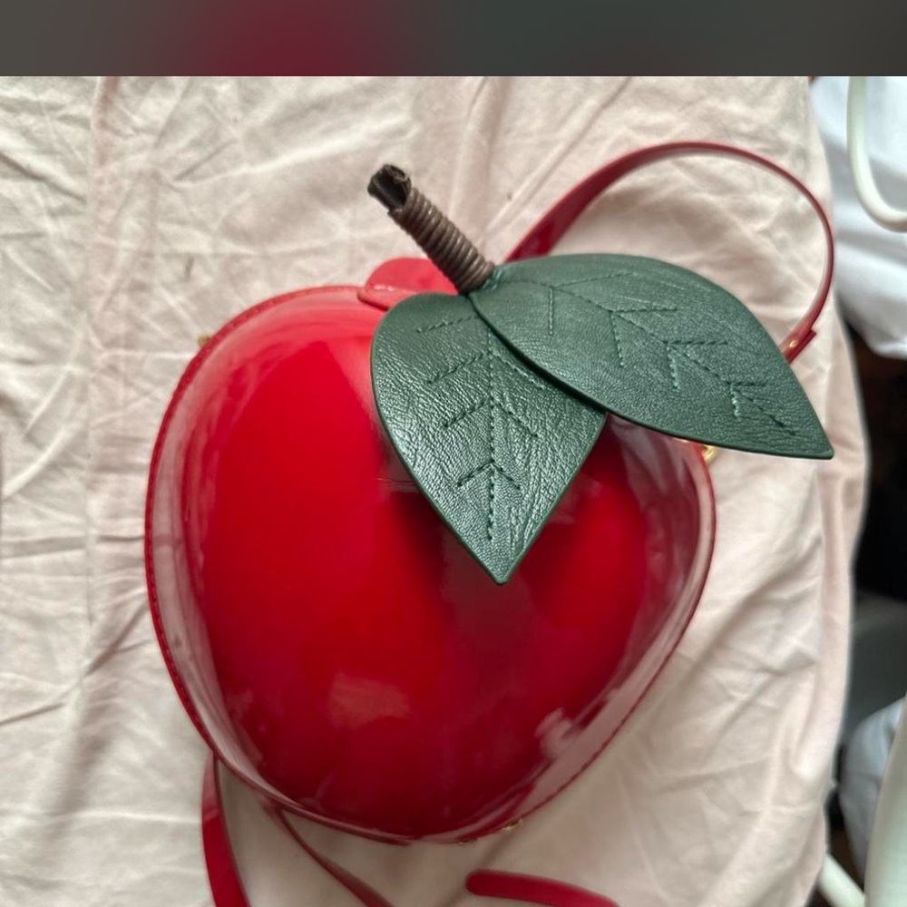 Red Apple Shaped Crossbody Bag with Green Leaf Accent
